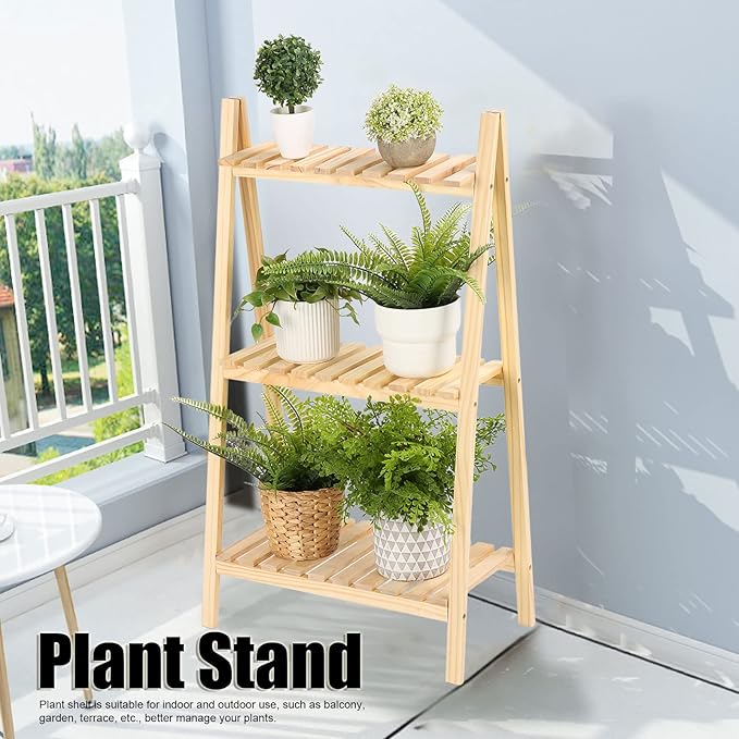 Solid Wood 3-Tier Plant Stand for Indoor and Outdoor, Multi Layer Flower Pots Shelf for Patio, Garden, and Balcony (Three-Layer Natural Flower Stand)