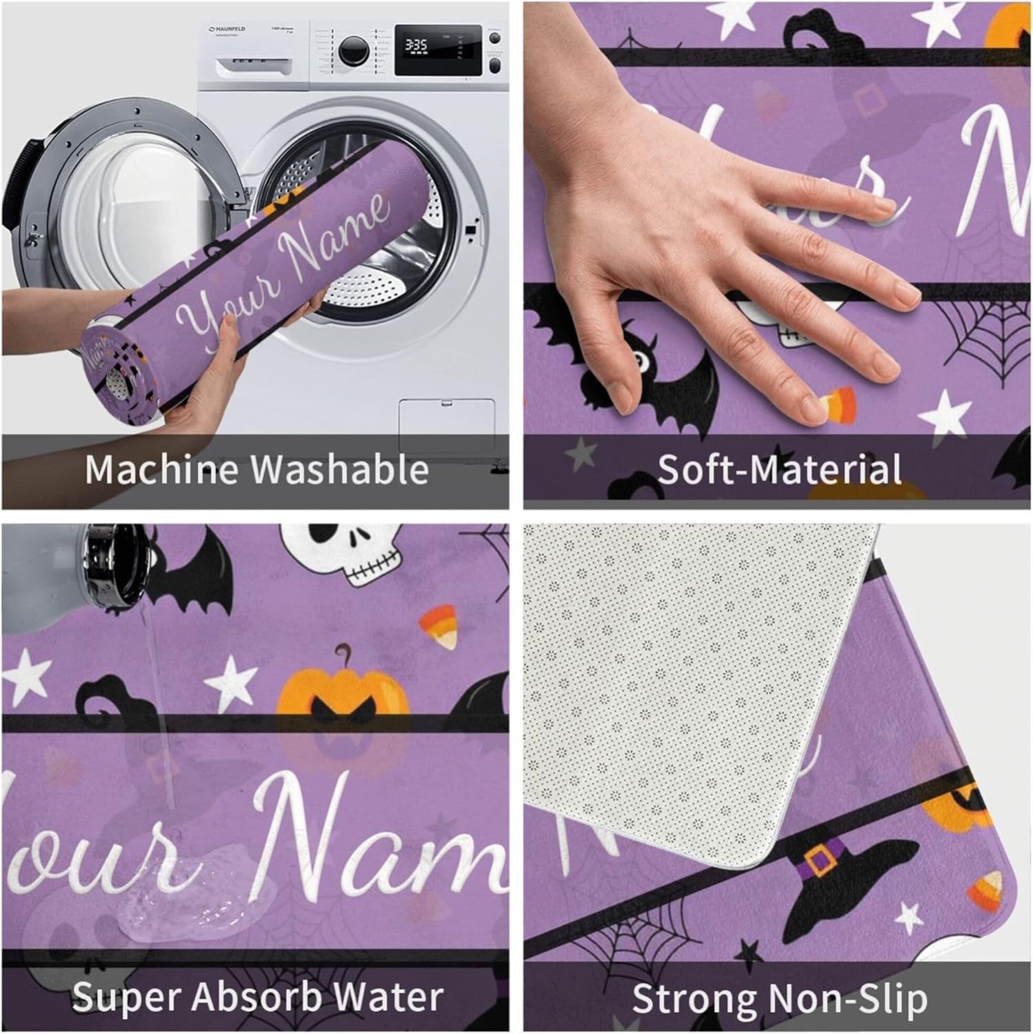 Personalized Halloween Elements Purple Kitchen Mat with Name, Custom Soft Rubber Non-Woven Fabric Floor Mat for Halloween, Customized 28