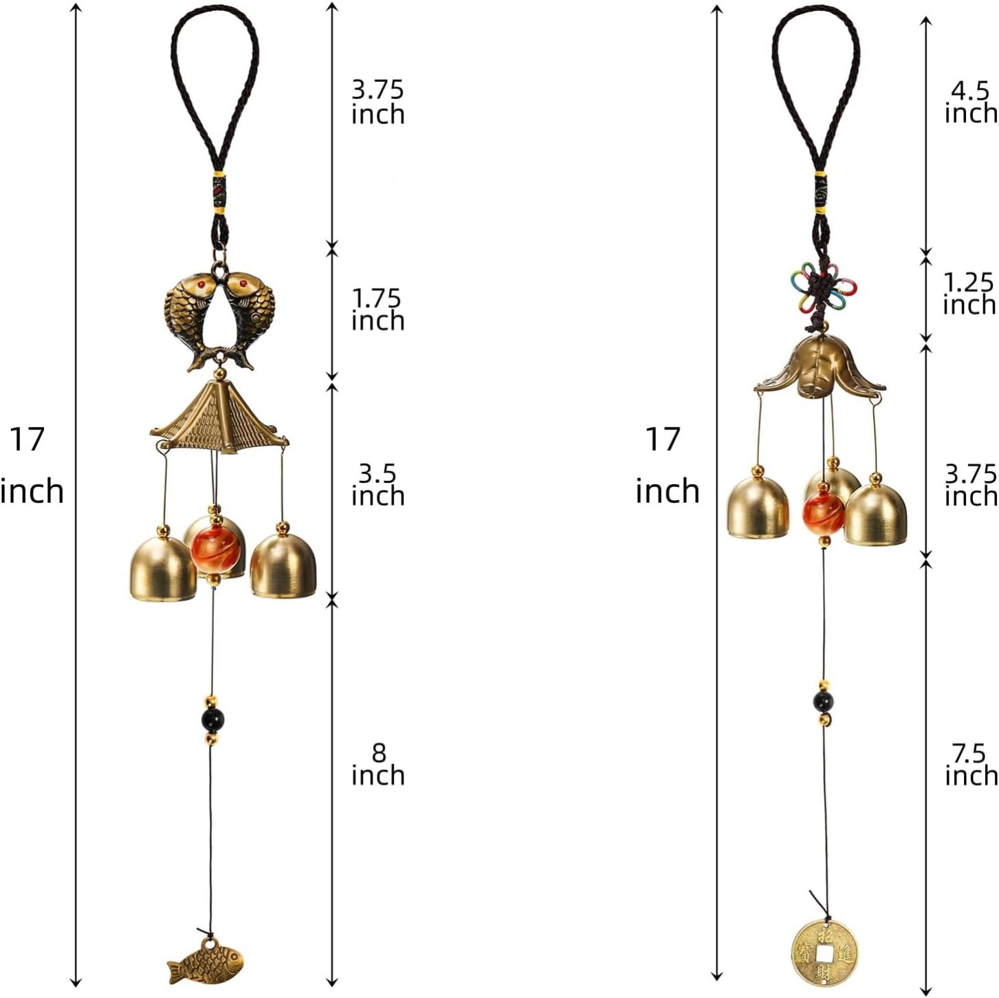 4 Pack Lucky Wind Chimes, Chinese Feng Shui Wind Bell, 3-Bell Vintage Blessing Hanging Wind Chime with Fish Coin for Safe, Good Luck, Wealth Home Gard