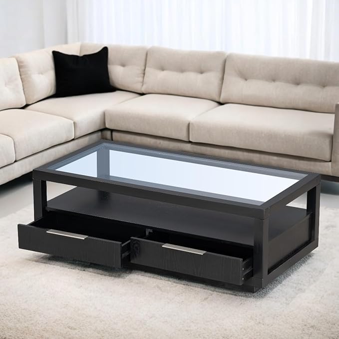 Modern Wood Coffee Table，with 2 Drawers and Transparent Tempered Glass, Open Storage Shelf for Living Room, Studio Apartment Essentials, Black