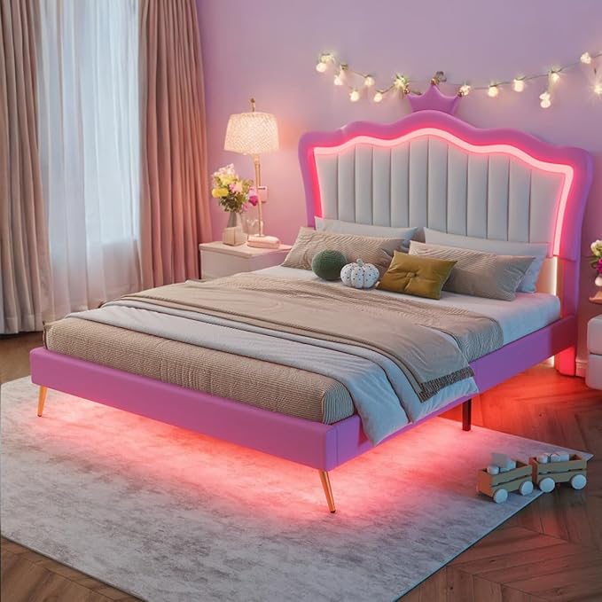 Full Size Upholstered Bed Frame with LED Lights, Modern Upholstered Princess Bed with Crown Headboard for Girs, Pink and White