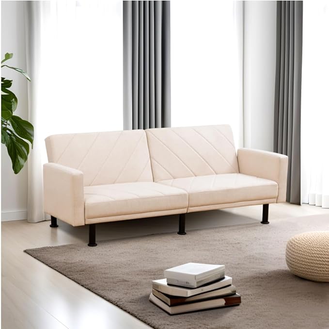 Futon Linen Sofa Bed 2-Seater with Loveseat for Living Room, Bedroom, 77 inch, Beige