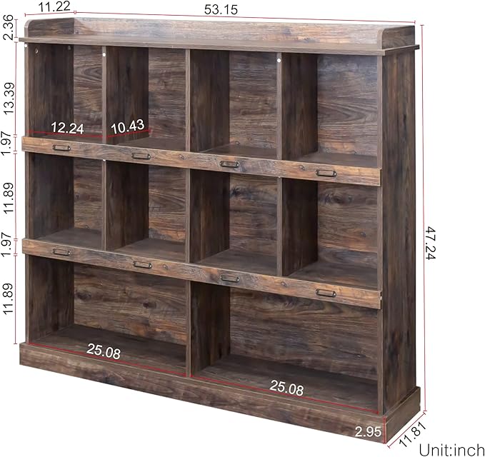 3-Tier Wooden Bookcase with Legs, 10-Cube Free Standing Bookshelf, Open Shelf Storage Organizer, Mid-Century Modern Display Cabinet for Living