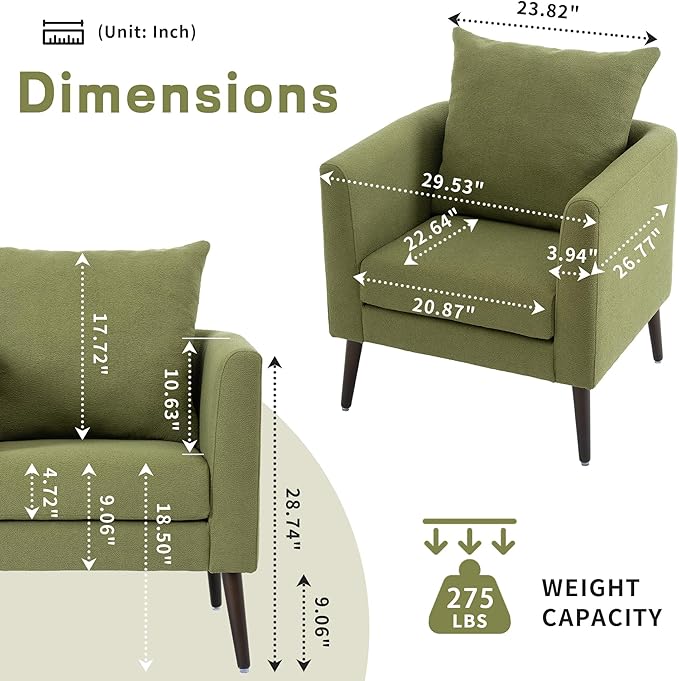 Upholstered Barrel Accent Chair, Modern Fabric Armchair with Solid Wood Legs and Waist Pillow, Comfortable Chair, Bedroom, or Study (Olive Green)