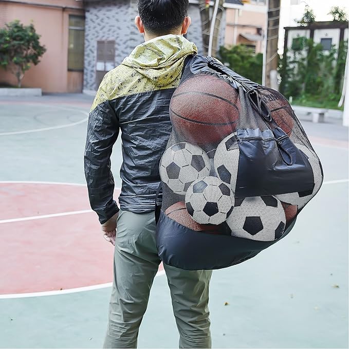 Large Capacity Mesh Ball Bag with Drawstring, Heavy Duty Oxford Cloth Ball Storage Backpack for Soccer, Basketball, Volleyball, and Sports Equipment