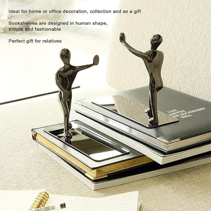 2pcs Black Stainless Steel Human Shaped Bookends, Modern Decorative Book Holders for Home, Office, and Study Shelves