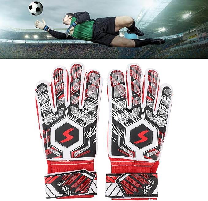 Kids Soccer Goalkeeper Gloves, Latex Collision Resistant Goalie Gloves with Guard for Training and Matches, Sturdy Football Gloves for Kids (Red)