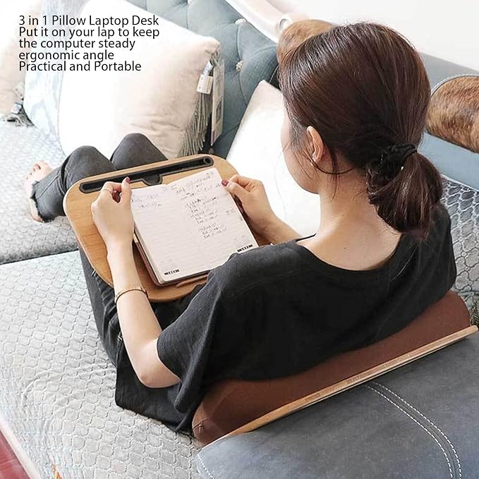 3-in-1 Timber Lap Desk with Cushion, Portable Ergonomic Laptop Stand for Bed, Sofa, and Car, Multifunctional Pillow Table for Work or Travel